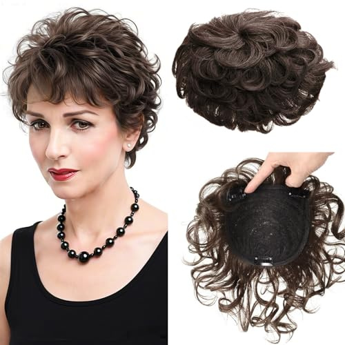 EREEHAIR Haarteil aus 100 % Echthaar mit Pony, 15,2 cm, kurzes, lockiges Toupet-Top-Haarteil, zum Anklippen, gewellt, Haarteil, große Basis, 13 x 14 cm, 360° 3D-Abdeckung, Dunkelbraun