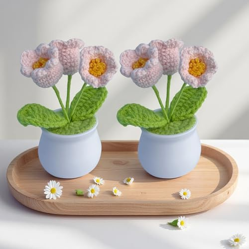 2-Pack Knitting Flowers Potted Plants Handmade Crochet Lily of the Valley, Floral Arrangement in Mini Pot, All-Season Botanical Decor for Home, Office & Gifts (Pink)