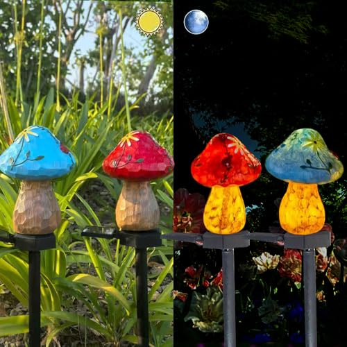 YZYOE 2 pacchetto solare alimentato rosso e blu funghi luci da pavimento, giardino decorativo resina lampada funghi carino, tramonto senza fili all'alba luci LED impermeabili.