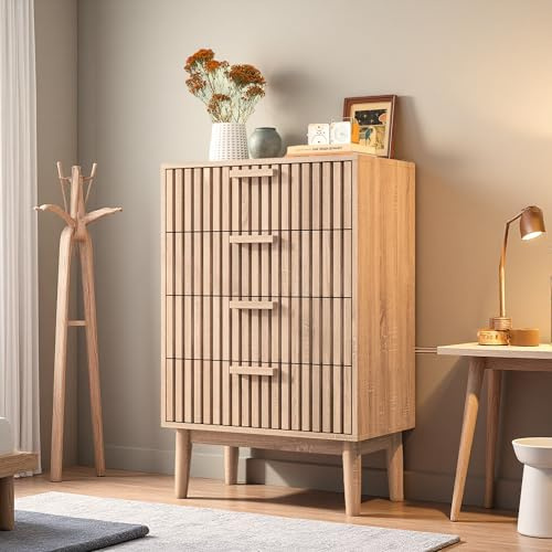 Yeutre Commode 4 tiroirs, Commode Chambre 60 cm Largeur, Meuble de Rangement en Bois Effet cannelé, pour Salon, Chambre à Coucher, Bureau (Bois-4 Tiroirs, 60l x 34P x 91H cm)