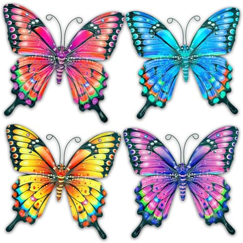 4 Pcs Butterfly Wall Art Ornaments, Colorful Fence Wall Art Decor, Bright Garden Fence Decorations, Wall Sculpture Hanging Decor for Outside Garden Shed Fences Yard
