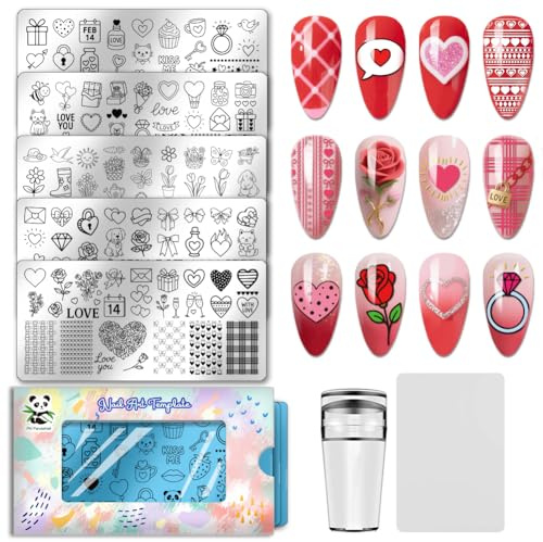 PH PandaHall 5pcs San Valentino Nail Stamping Piastre Love Heart Nail Art Modelli Tulipano Rosa Fiore Nail Art Stencil Fiocchi Regalo Unghie Stampino per Donne Festa Vacanze Manicure Salone Stampa