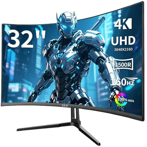 ZZA Monitor curvo para juegos de 32 pulgadas 4K 160HZ Monitor de computadora UHD 3840 x 2160P VA, 1500R curvado, compatible con AMD Freesync, 100% sRGB, instalaciones de montaje en pared integradas