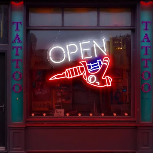 Custom Tattoo Open Neon Sign for Wall Decor Dimmable USB, Tattoo Machine OPEN LED Light for Salon Shop, Ink Studio, Body Art Business, Commercial Sign 17.7″ × 14″