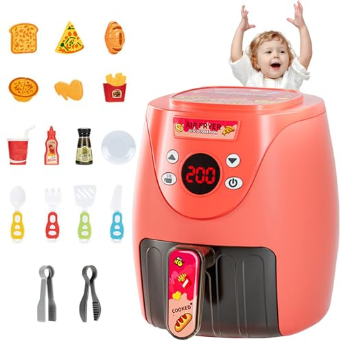Toy Air Fryer with 15PCS Accessories Cookies Maker Toy with Music & Lights Color Changing Foods Kitchen for Aged 3+ Kids Kitchen Set Style 2