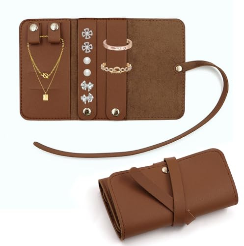 FOSDICK Organizador de Pendientes, Estuche Joyero Viaje, Organizador de Joyas Mujer Portátil con Espejo, Bolsa para Collares, Pendientes, Anillos y Pulseras, Marrón