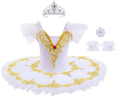 Lito Angels Abito tutù da Balletto per Bambina, Costume da Ballerina con Applicazioni Dorate e Strass, Perfetto per Spettacoli, Danza, Feste e Scuola,7-8 Anni Taglia 128 Bianco