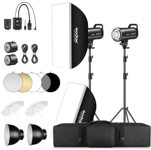Godox SK400III-V kit 800 Ws studioblixset, 2026-uppgradering: 2,4 GHz radioblixt, set om 2 med reflektor, AT-16-utlösare, 2 softboxar, 2 skärmar och 2 blixtstativ för studiofotografering (SK400IIIV