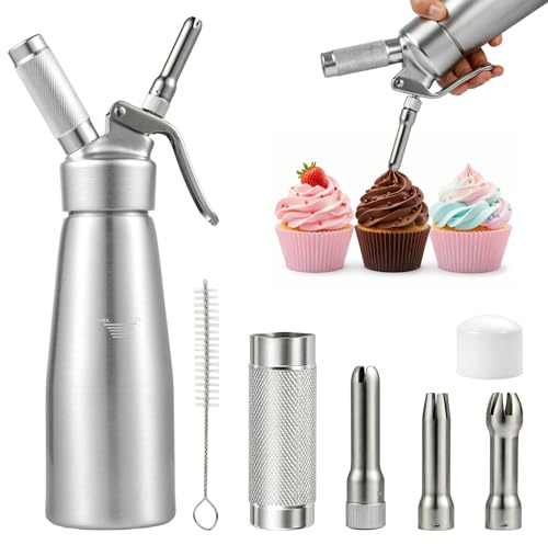 GREENSAPPIRE 500ML Whipped Cream Dispenser, Aluminium Cream Whipper with 3 Decorating Nozzles, Professional Cream Charger Dispenser for Cakes, Desserts, Coffee, Milkshakes & Home Baking