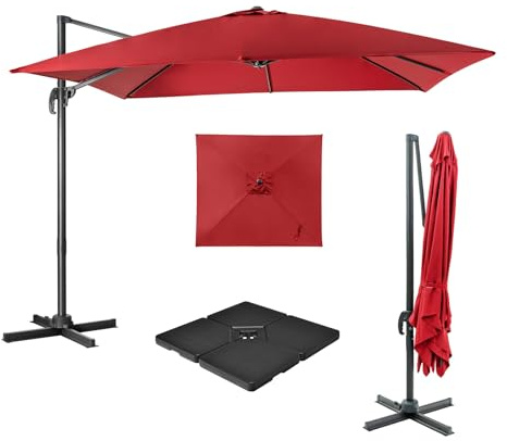 COSTWAY Parasol de Jardin Extérieur avec Pied, Base 4 Plaques, Parasol Déporté Carré 3x3M à Manivelle, Inclinable et Rotation à 360°, Anti-UV, 8 Baleines, pour Terrasse, Patio, Balcon, Rouge