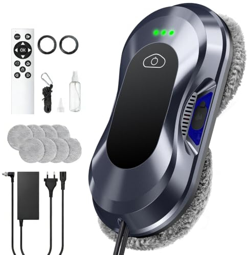 Yeerain Robot de nettoyage de vitres, puissance d'aspiration de 6000 Pa, nettoyage électrique à double hélice, détection des bords, 3 modes de nettoyage, robot de nettoyage de fenêtre avec 10 chiffons
