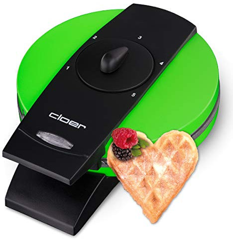 Cloer 1627-14 Piastra per Waffle a Cuore, 930 W, dimensione di cialda 15,5 cm, grado di doratura selezionabile, spia di controllo, corpo in metallo verniciato verde