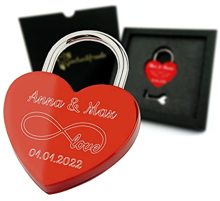 Geschenkfreude Liebesschloss mit Gravur - Herzschloss mit Schlüssel Rot | personalisiert, Pärchengeschenk, Schloss mit Gravur, witterungsbeständig, Geschenke für Paare, Valentinstagsgeschenk