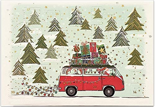 Adventskalender Karte mit Türchen - schöne Grußkarte mit Umschlag, für die Adventszeit und zu Weihnachten, Motiv: Bully mit Geschenken im Weihnachtswald und Nikolaus als Fahrer