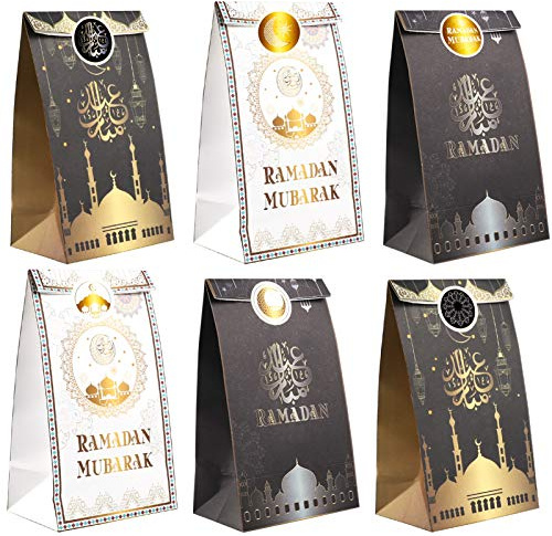 HOWAF Eid Mubarak Papiertüten Ramadan Tüten, 12 Stück Eid Geschenktüten mit Aufkleber Candy Tüten zum Verpacken von Geschenken, Giveaways, Kindergeburtstag, Hochzeit, Muslim Ramadan Mubarak Party