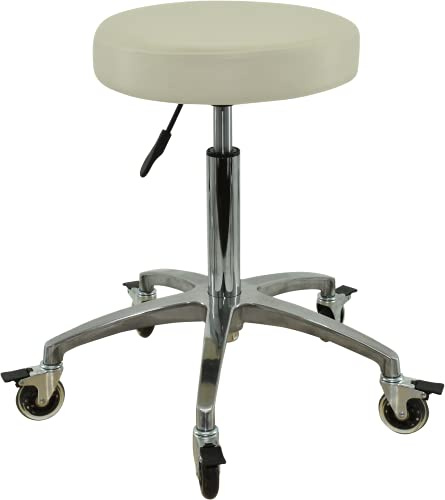 VAKON SALON - Rollhocker weiß auf hochwertigen Rollen mit Bremse - Höhenverstellbarer Drehhocker 55-75 cm - Rundhocker Praxishocker Bürohocker