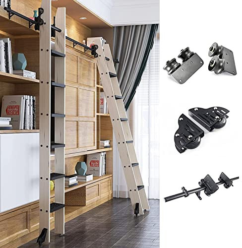 YDYFC Rolling Ladder Kit-Bibliothek Schiebe-Scheunentür vollständige Set-Hardware,mit Bodenrollenrädern Mobile Rail (Keine Leiter) Runde Rohr-Verlängerungsleiter-Spur für Loft/Home/Indoor/Bookstor
