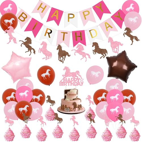 Fangleland Western Cowgirl Party Dekorationen, Pferd Happy Birthday Banner, Cake Topper und Derby Horse Balloon für Pferderennen Geburtstag, Cowgirl, Hochzeitsparty, Kinder Party Supplies