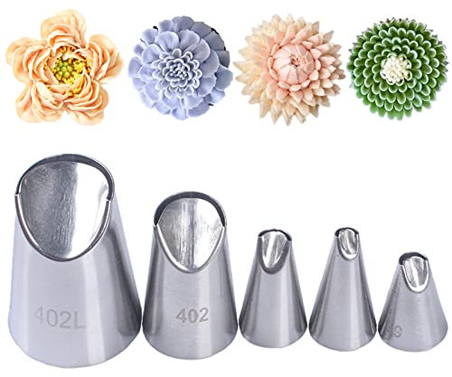 Tabiger Piping Nozzles, 5pcs Chrysanthemum Rose Flower Piping Nozzles Tulip Frosting Tips Korean Icing Piping Nozzles Set Cupcake Pastry Tool Cake Decorating Kit