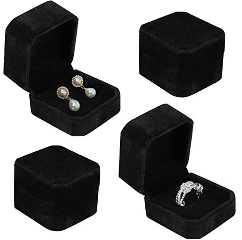 Lanjue 4 Pcs Velvet Ring Box, Black Earring Box Jewellery Gift Boxes Display Storage Boxes Organizer Case Holder for Women Engagement Wedding Presents Jewellery