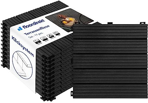 Floordirekt Fliesen 30x30 cm, 1m² = 11 Terrassenfliesen, Klickfliesen, Balkonfliesen in Holzoptik - Bodenbelag für Balkon & Terrasse - wetterfest mit Drainagefunktion | Grau | Claire