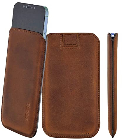 Suncase Original Leder Etui kompatibel mit iPhone 14 Pro (6.1) Hülle Tasche Ultra Slim Ledertasche Schutzhülle Case (mit Rückzuglasche) in antik Coffee