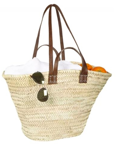 FRENCH BASKET with double flat leather handles, straw bag, beach bag, basket bag, shopping basket, wicker basket with handle, straw market basket (Large, Dark Brown)