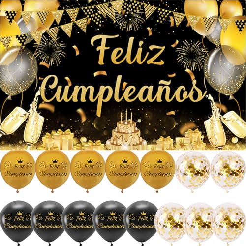 Decoración Cumpleaños en Español - Pancarta Feliz Cumpleños, 15 Globos, Photocall, Fondo Cartel, Adornos Kit - Oro Negro Happy Birthday