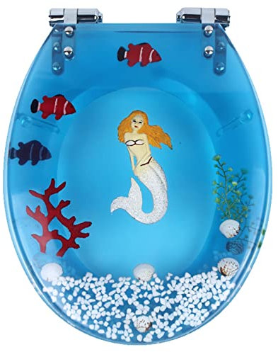 OURECO Abattant Wc Sirène En Résine Bleue, Design Ergonomique Abattant Wc Décoratif, Charnière Ovale Réglable À 360°, Surface Lisse, Avec Charnières À Dégagement Rapide Et Matériel de Fixation Rapide