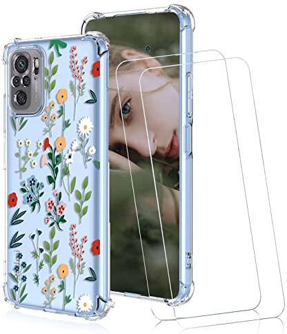 ESONG Funda para Xiaomi Poco M5s/Redmi Note 10 4G/Note 10S,Carcasa Transparente Bumper Antigolpes Protección Cover para niñas,Ultradelgado Silicona TPU Case con 2 Protector De Pantalla-Flor/Hierba