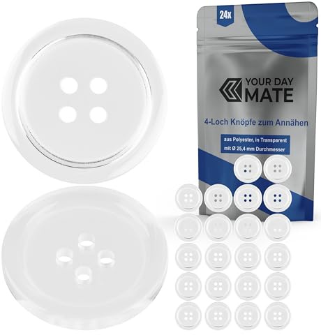 Knöpfe für Bekleidung, 24 Stück, 4-Loch, Ø 25,4 mm, Transparent, aus Polyester, Größe 40L, Harzknöpfe für Jacke, Mantel, Hemd, Poloshirt, DIY Knopf Kunstharz, Wäscheknöpfe, Basis Button, Bastelknöpfe