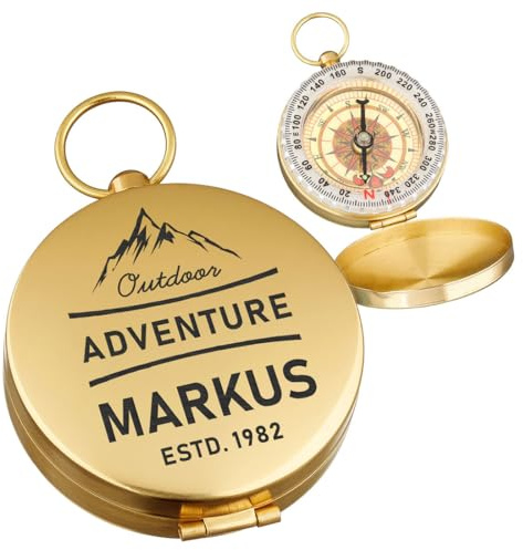 polar-effekt Gold Kompass Leuchtend mit Gravur - Outdoor Marschkompass mit Name - das Jubiläumsgeschenk - zum Wandern und Jagen