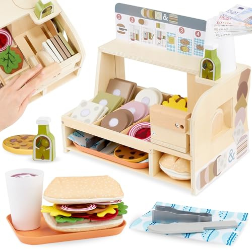 Mamabrum Bar à Sandwich en Bois pour Enfants à partir de 3 Ans, Restaurant Jouet, Nourriture Jouet - Sandwichs, Jeu de rôle - Chef, Accessoires de Cuisine Jouets pour Enfants