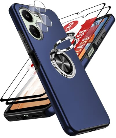 LeYi Funda para Redmi 13C/13 C 4G (No para 5G) con 2× Protector de Lente de Cámara,2× Protector de Pantalla, Carcasa con 360 Grados Metálico Anillo Hard PC Silicona Antigolpes Case, Azul