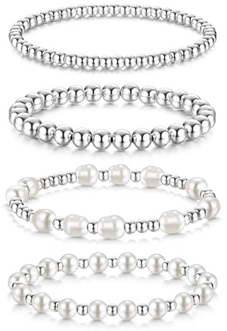 Dochais Set di braccialetti di perle placcati in oro 14K braccialetti a sfera elastici impilabili, gioielli eleganti e di tendenza per donne e ragazze, 18 mm.