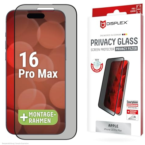 Displex Privacy Schutzglas für iPhone 16 Pro Max (10H), Eco-Montagerahmen | DISPLEX Privacy Glass, 10H Panzerglas, 2-Wege Blickschutz, maximale Abdeckung, Anti-Shock, Bruchschutz, kratzfest