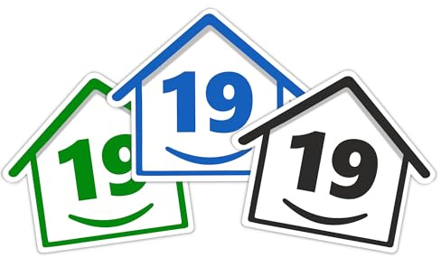 3 x Bin Numbers for Wheelie Bins, 1-99, 15cm ‘Happy House’ Colour Design Dustbin Stickers, Easy Application Stick On Number Stickers - Weatherproof Self Adhesive Vinyl – Blue, Black and Green (19)
