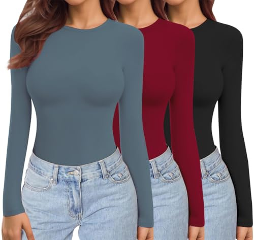 Ekouaer Damen Langarmshirt Thermo Oberteil 1&3 Pack | Rundhals, figurbetont, dehnbar, Basic, einfarbig, weicher Thermostoff mit Micro-Fleece, ausreichend lang zur Bauchabdeckung