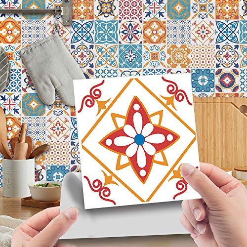 Fliesenaufkleber Rote Orangenblüten Selbstklebende Klebefliesen, Wandfliesen Aufkleber,Wasserdicht Fliesensticker Fur Kuche Badezimmer Dekorative Stickerfliesen,Wohnzimmer Dekoration15X15Cm