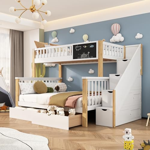 MOBETTRES Litera infantil, cama doble, cama infantil multifuncional con pizarra y cajones, sin colchón, blanco+roble claro, 90 * 200, 140 * 200