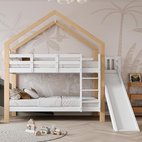 YESGIGA Lit superposé avec toboggan et échelle d'ascension d'angle à trois niveaux, lit de maison avec protection anti-chute et 2 tiroirs, cadre de lit en bois massif (avec protection contre les