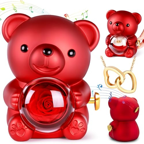Aloskart Ewige Rose Bär, Rosenbox mit Kette, Ewige Rosen Geschenkbox, Hochzeitsgeschenk für Frauen Spieluhr, Jahrestag Geschenk,für Freundin, Frau, Mutter, Freund