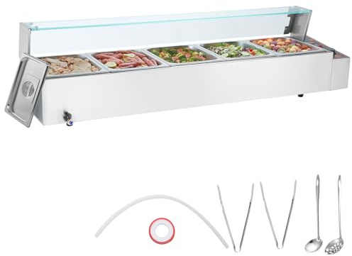 VEVOR Chauffe-Plat Buffet à 5 Bacs de 7,6 L, Bain-Marie Électrique 1700 W, Buffet Chauffant en INOX, Écran en Verre, Température Réglable 30-85 °C, pour Réchauffer Aliments Restauration Soirée Fête