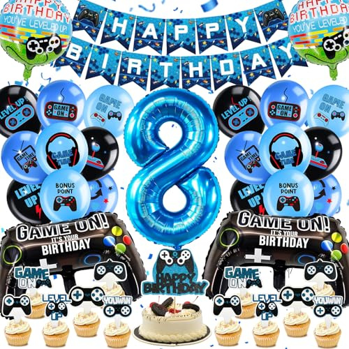 YianHien Videospiel Geburtstagsdeko 8 Jahre, Spiel Geburtstag Luftballons Party Deko für 8 Jahre Gamer Jungen Mädchen, Folienballon Kindergeburtstag Deko mit Riesigen Zahlenballons und Tortendeko