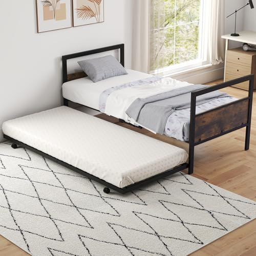 GIANTEX Tagesbett mit ausziehbarem Bettkasten, Bettgestell 90x200 cm mit Stauraum, Gästebett mit Lattenrost, Metallbett Ausziehbett Industrial mit Kopf- & Fußteil, Funktionsbett Jugendbett Einzelbett