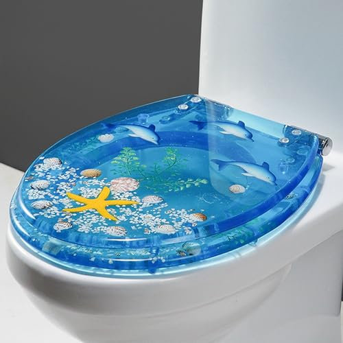 B,WC-Sitz mit Absenkautomatik, 3D-Effekten Ocean Series Toilettendeckel mit Echte Muscheln und Kies, Runden Klodeckel aus Harz, Klobrille mit Edelstahl Scharnieren, Leicht zu Reinigen