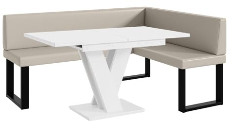 MEBLINI Eckbank für Esszimmer mit ausziehbarem Tisch - Küchenbank - Essecke - Sitzecke Küche - Toni - U-Beine 128x168x87cm Rechts - Beige Kunstleder/M Weiß Matt