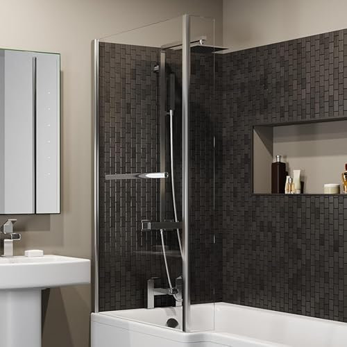 Luxura® 1430 x 780mm Chrome Over Bath Shower Screen with Towel Rail Fixed Return Panels & Screens for Baths Bathroom Frameless L-Shape 5mm Glass