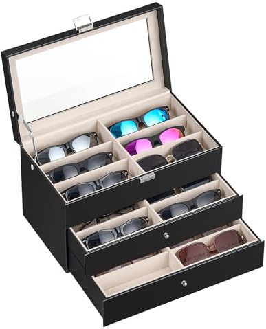habgp Sunglasses Organizer with 18 Slots, 3-Layer Multiple Eyeglasses Eyewear Storage Glasses Holder Leather Box Display Case for Women Men - Black