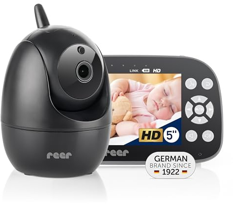 reer BabyCam Pro HD Move | Digital video babymonitor med FHSS-teknik | Stor 5-tums HD-skärm | 300 m räckvidd | sväng- och lutbar kamera med mörkerseende och 4-vägs zoom